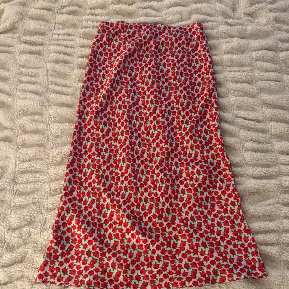 Topshop Red Floral Midi Skirt